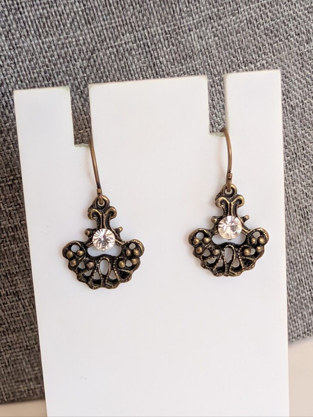Vintage Bronze Filigree Bohemian Glam Rhinestone Dangle Hook Festival Earrings